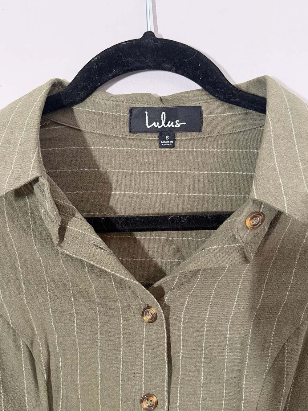 Lulus Olive Green Pinstripe Belted Button-Down Midi Dress Size S - Picture 2 of 3